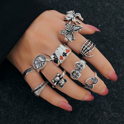 Vintage Silver Goth Punk Rings Set for Men Women Girls, Cool Gothic Ring Pack, Chunky Stackable Knuckle Finger Rings Bulk, Adjustable Open Snake Spider Frog Butterfly Grunge Stacking Rings