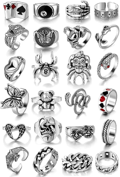 Vintage Silver Goth Punk Rings Set for Men Women Girls, Cool Gothic Ring Pack, Chunky Stackable Knuckle Finger Rings Bulk, Adjustable Open Snake Spider Frog Butterfly Grunge Stacking Rings Gothic 24pcs