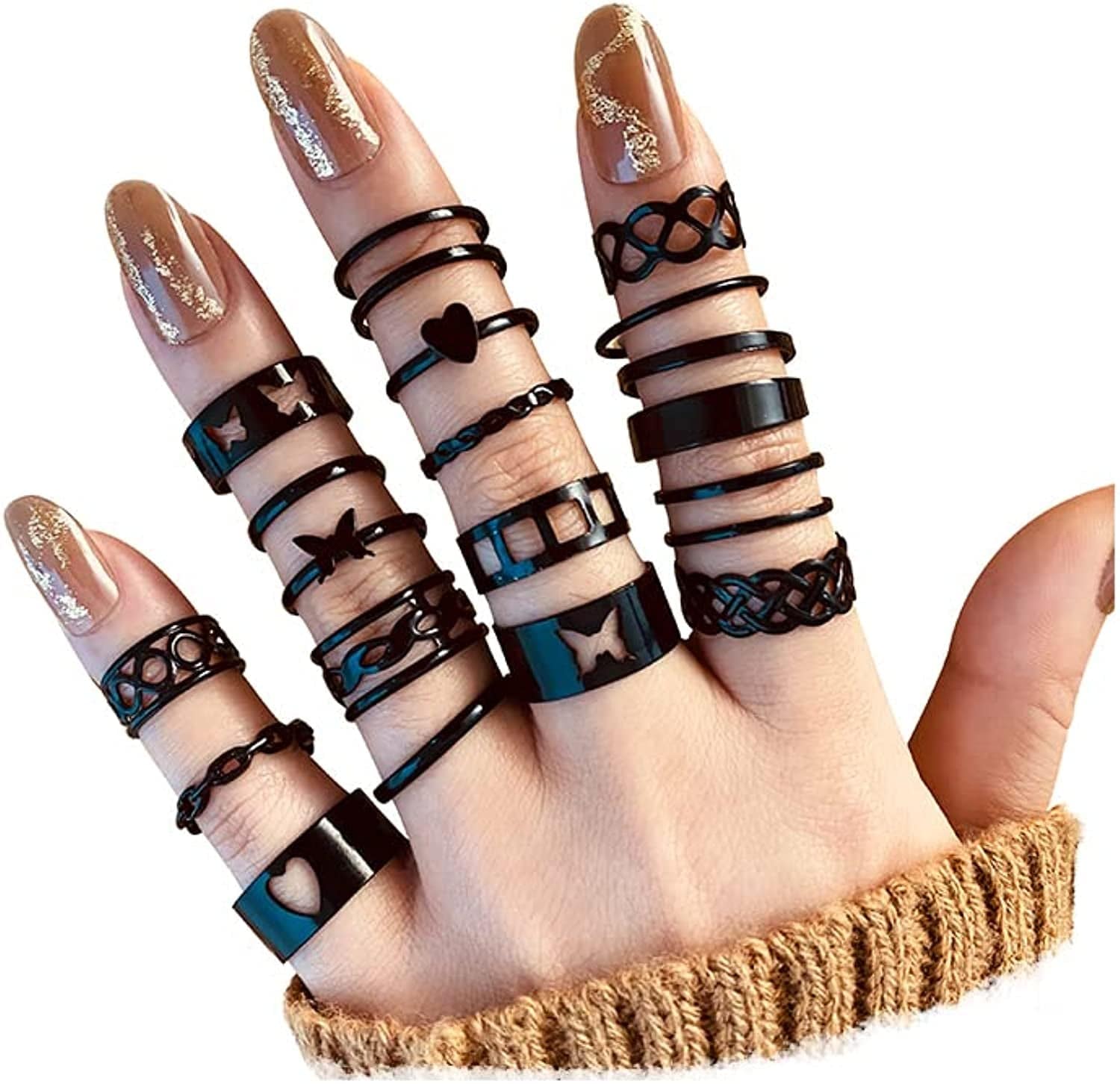 Vintage Silver Knuckle Rings Set for Women Girls, Open Stackable Midi Rings, Boho Butterfly Snake Finger Ring Pack Black butterfly heart