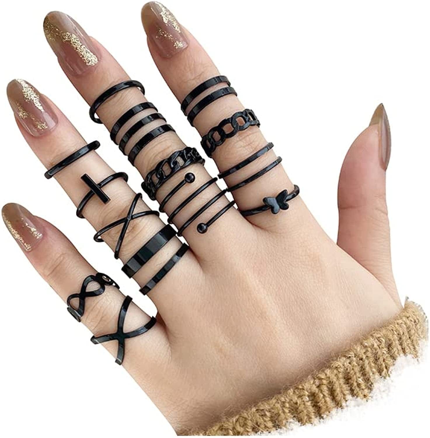 Vintage Silver Knuckle Rings Set for Women Girls, Open Stackable Midi Rings, Boho Butterfly Snake Finger Ring Pack Black knuckle rings