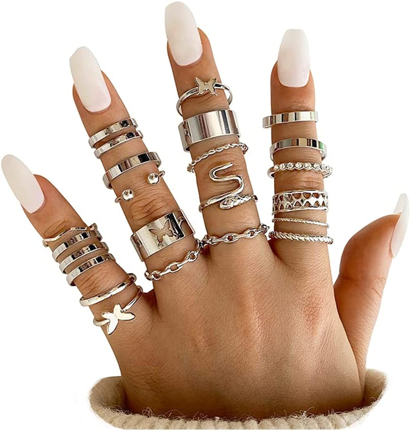 Vintage Silver Knuckle Rings Set for Women Girls, Open Stackable Midi Rings, Boho Butterfly Snake Finger Ring Pack Chunky silver-20pcs