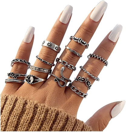 Vintage Silver Knuckle Rings Set for Women Girls, Open Stackable Midi Rings, Boho Butterfly Snake Finger Ring Pack Snake sun silver