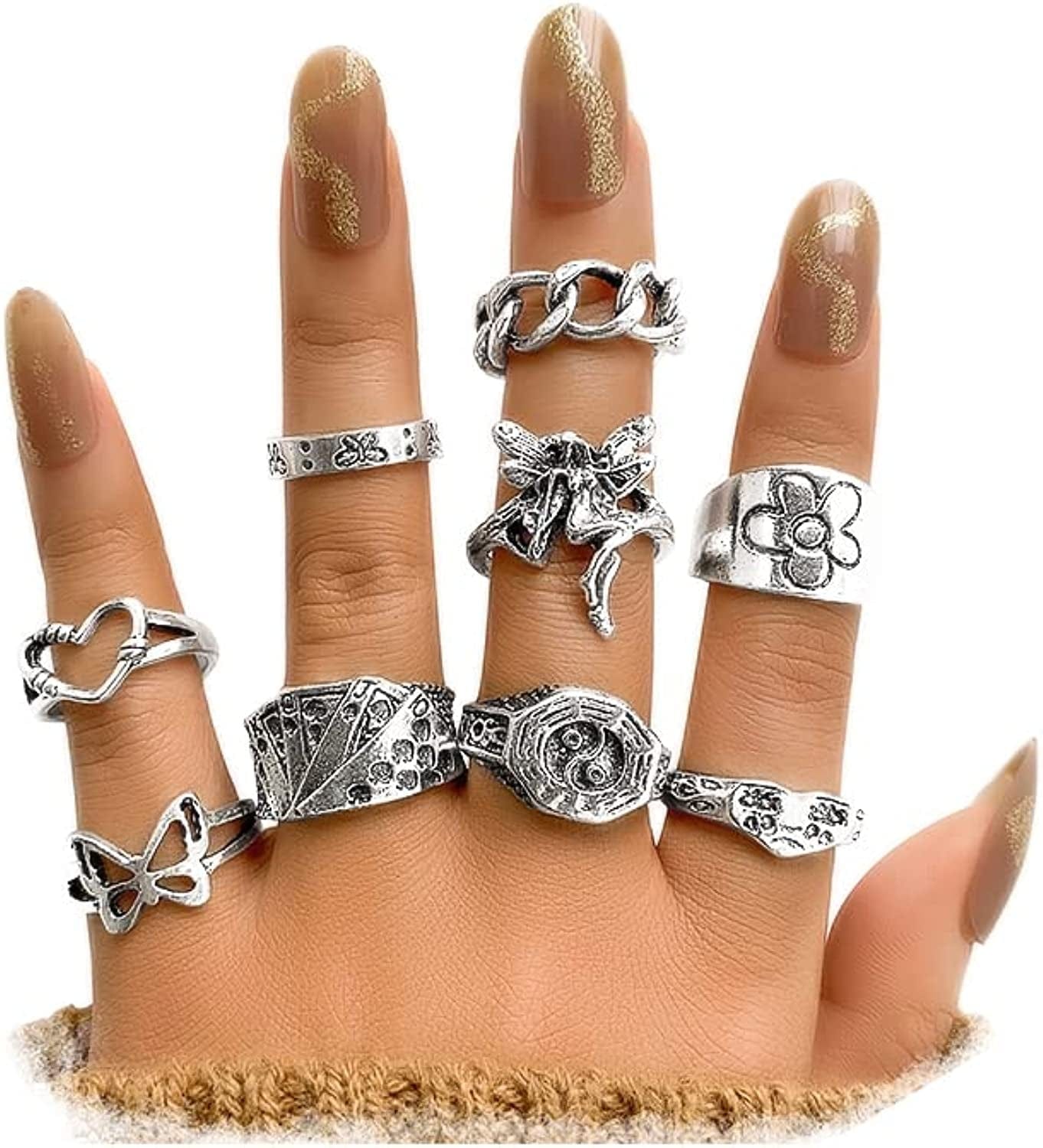 Vintage Silver Knuckle Rings Set for Women Girls, Open Stackable Midi Rings, Boho Butterfly Snake Finger Ring Pack Fairy heart silver