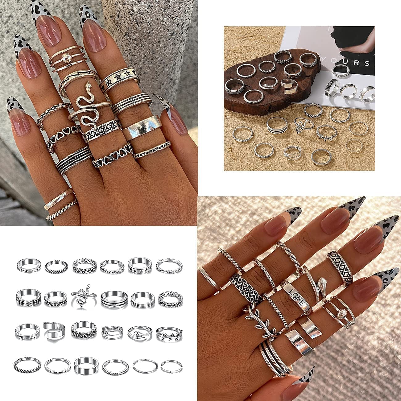 Vintage Silver Knuckle Rings Set for Women Girls, Open Stackable Midi Rings, Boho Butterfly Snake Finger Ring Pack