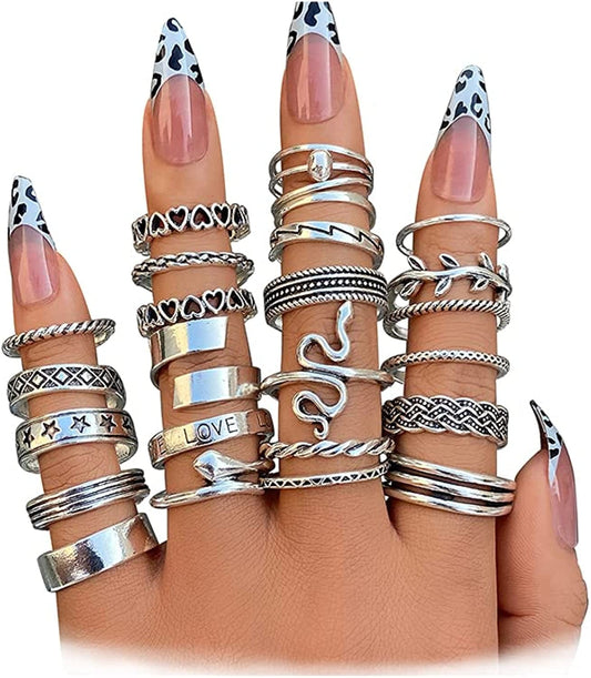 Vintage Silver Knuckle Rings Set for Women Girls, Open Stackable Midi Rings, Boho Butterfly Snake Finger Ring Pack Snake love silver