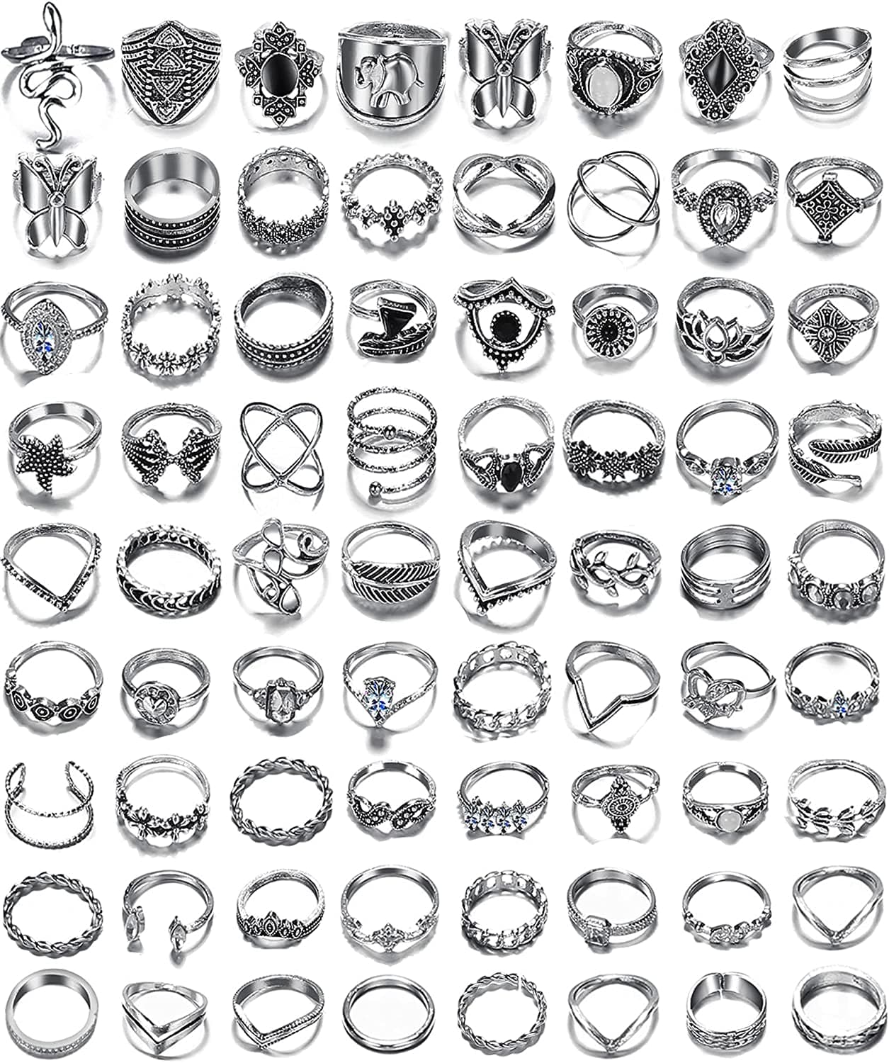 Vintage Silver Open Punk Rings for Men Women, 24PCS Adjustable Rings, Alt Rings, Chunky Silver Rings, Bulky Rings, Hippie Rings ,Cool Gothic Ring,Statement Stacking Ring, Skull Snake Star Flower Heart Eboy Emo Y2K Ring Style-4