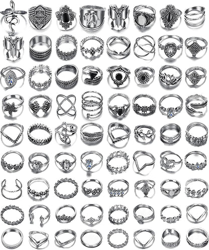 Vintage Silver Open Punk Rings for Men Women, 24PCS Adjustable Rings, Alt Rings, Chunky Silver Rings, Bulky Rings, Hippie Rings ,Cool Gothic Ring,Statement Stacking Ring, Skull Snake Star Flower Heart Eboy Emo Y2K Ring Style-4