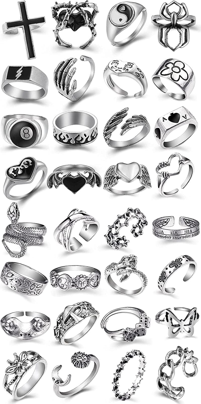 Vintage Silver Open Punk Rings for Men Women, 24PCS Adjustable Rings, Alt Rings, Chunky Silver Rings, Bulky Rings, Hippie Rings ,Cool Gothic Ring,Statement Stacking Ring, Skull Snake Star Flower Heart Eboy Emo Y2K Ring Style-7