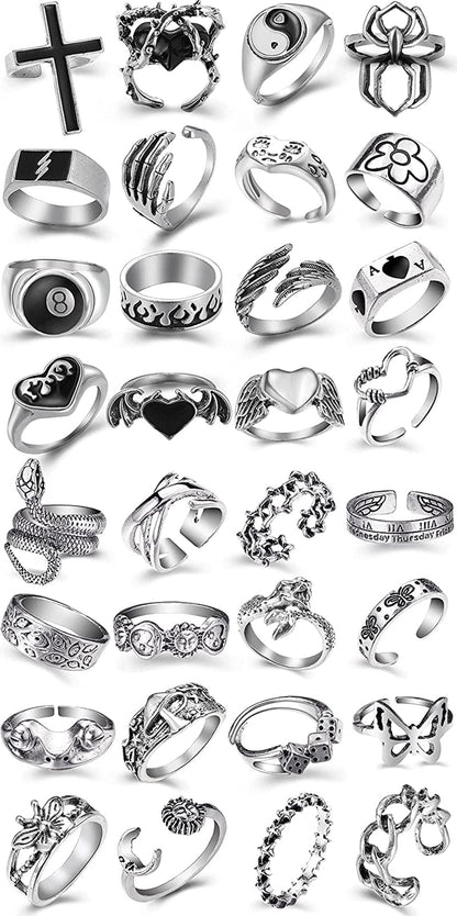Vintage Silver Open Punk Rings for Men Women, 24PCS Adjustable Rings, Alt Rings, Chunky Silver Rings, Bulky Rings, Hippie Rings ,Cool Gothic Ring,Statement Stacking Ring, Skull Snake Star Flower Heart Eboy Emo Y2K Ring Style-7
