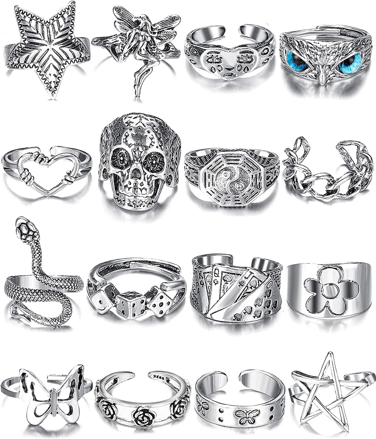 Vintage Silver Open Punk Rings for Men Women, 24PCS Adjustable Rings, Alt Rings, Chunky Silver Rings, Bulky Rings, Hippie Rings ,Cool Gothic Ring,Statement Stacking Ring, Skull Snake Star Flower Heart Eboy Emo Y2K Ring Style-2
