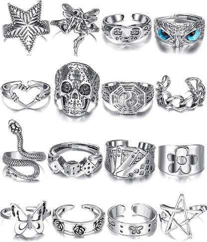 Vintage Silver Open Punk Rings for Men Women, 24PCS Adjustable Rings, Alt Rings, Chunky Silver Rings, Bulky Rings, Hippie Rings ,Cool Gothic Ring,Statement Stacking Ring, Skull Snake Star Flower Heart Eboy Emo Y2K Ring Style-2