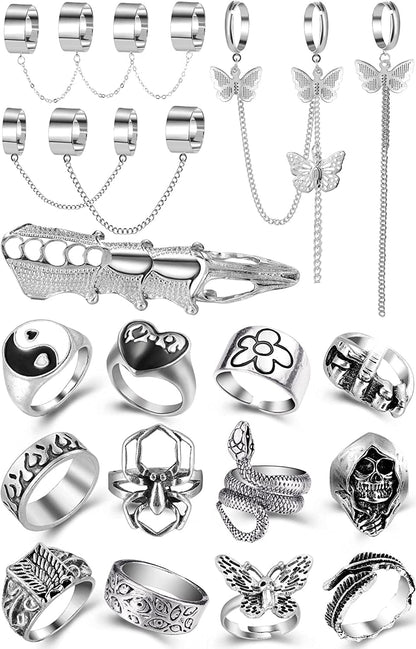 Vintage Silver Open Punk Rings for Men Women, 24PCS Adjustable Rings, Alt Rings, Chunky Silver Rings, Bulky Rings, Hippie Rings ,Cool Gothic Ring,Statement Stacking Ring, Skull Snake Star Flower Heart Eboy Emo Y2K Ring Style-6