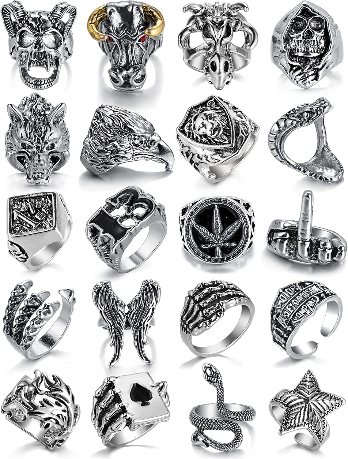 Vintage Silver Open Punk Rings for Men Women, 24PCS Adjustable Rings, Alt Rings, Chunky Silver Rings, Bulky Rings, Hippie Rings ,Cool Gothic Ring,Statement Stacking Ring, Skull Snake Star Flower Heart Eboy Emo Y2K Ring Style-5