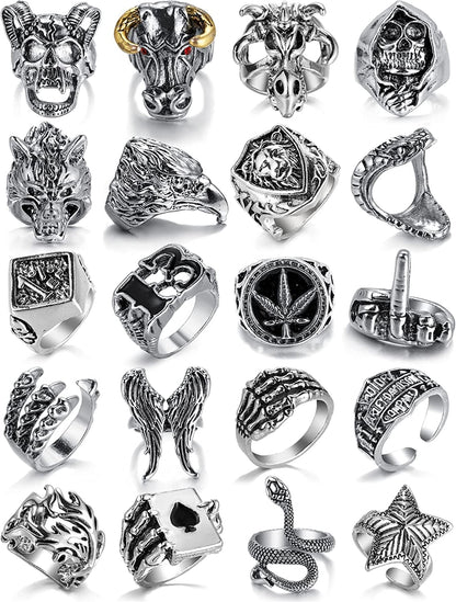 Vintage Silver Open Punk Rings for Men Women, 24PCS Adjustable Rings, Alt Rings, Chunky Silver Rings, Bulky Rings, Hippie Rings ,Cool Gothic Ring,Statement Stacking Ring, Skull Snake Star Flower Heart Eboy Emo Y2K Ring Style-5