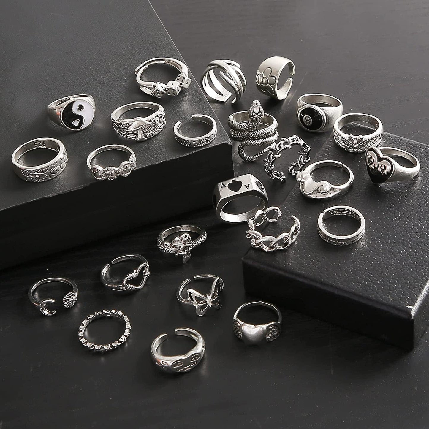 Vintage Silver Open Punk Rings for Men Women, 24PCS Adjustable Rings, Alt Rings, Chunky Silver Rings, Bulky Rings, Hippie Rings ,Cool Gothic Ring,Statement Stacking Ring, Skull Snake Star Flower Heart Eboy Emo Y2K Ring