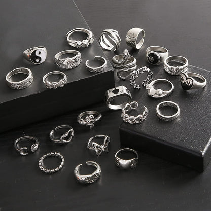 Vintage Silver Open Punk Rings for Men Women, 24PCS Adjustable Rings, Alt Rings, Chunky Silver Rings, Bulky Rings, Hippie Rings ,Cool Gothic Ring,Statement Stacking Ring, Skull Snake Star Flower Heart Eboy Emo Y2K Ring
