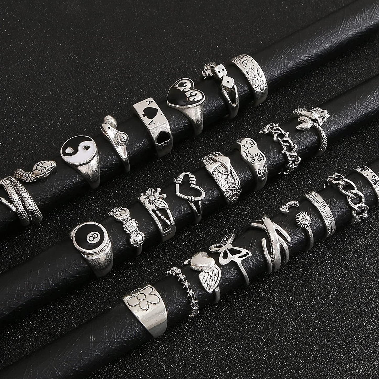 Vintage Silver Open Punk Rings for Men Women, 24PCS Adjustable Rings, Alt Rings, Chunky Silver Rings, Bulky Rings, Hippie Rings ,Cool Gothic Ring,Statement Stacking Ring, Skull Snake Star Flower Heart Eboy Emo Y2K Ring