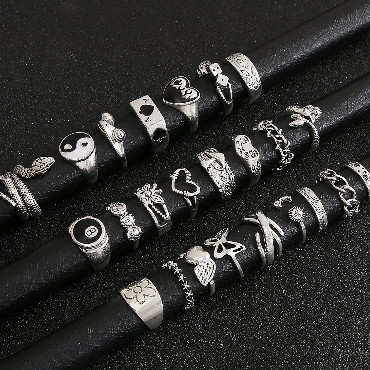 Vintage Silver Open Punk Rings for Men Women, 24PCS Adjustable Rings, Alt Rings, Chunky Silver Rings, Bulky Rings, Hippie Rings ,Cool Gothic Ring,Statement Stacking Ring, Skull Snake Star Flower Heart Eboy Emo Y2K Ring