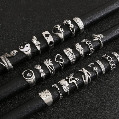 Vintage Silver Open Punk Rings for Men Women, 24PCS Adjustable Rings, Alt Rings, Chunky Silver Rings, Bulky Rings, Hippie Rings ,Cool Gothic Ring,Statement Stacking Ring, Skull Snake Star Flower Heart Eboy Emo Y2K Ring