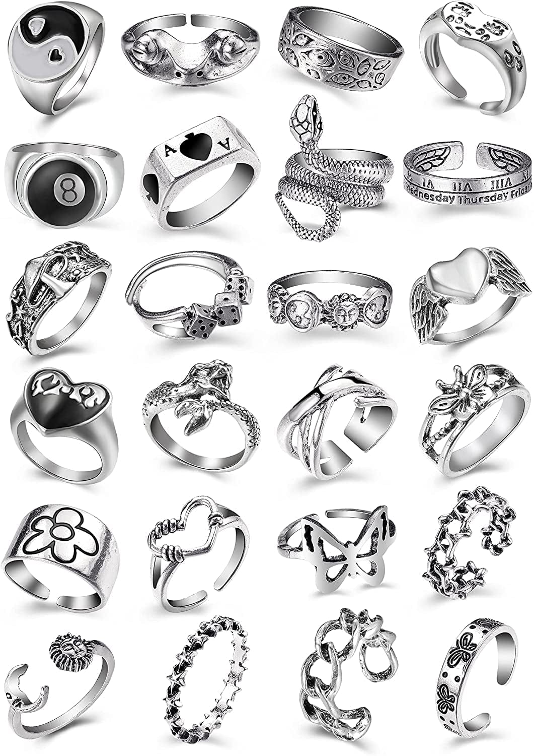 Vintage Silver Open Punk Rings for Men Women, 24PCS Adjustable Rings, Alt Rings, Chunky Silver Rings, Bulky Rings, Hippie Rings ,Cool Gothic Ring,Statement Stacking Ring, Skull Snake Star Flower Heart Eboy Emo Y2K Ring Style-1