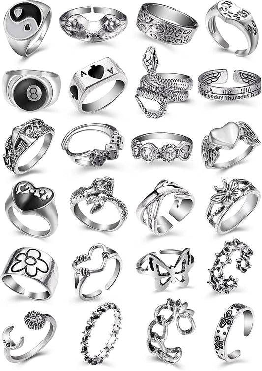 Vintage Silver Open Punk Rings for Men Women, 24PCS Adjustable Rings, Alt Rings, Chunky Silver Rings, Bulky Rings, Hippie Rings ,Cool Gothic Ring,Statement Stacking Ring, Skull Snake Star Flower Heart Eboy Emo Y2K Ring Style-1