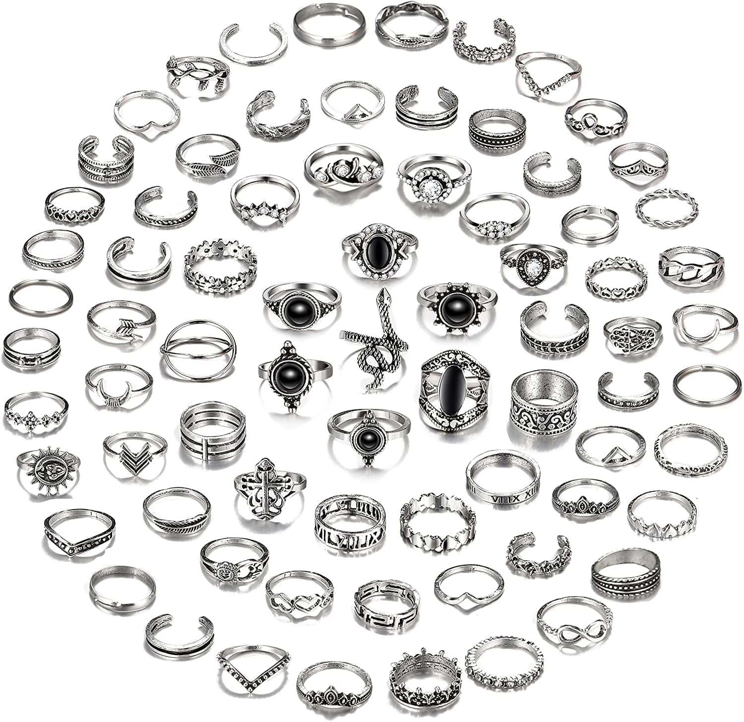 Vintage Silver Punk Chain Rings Set for Men Women Girls, Cool Goth Rings, Adjustable Chunky Chain Finger Rings, Stackable Gothic Knuckle Rings, Snake Butterfly Eboy Emo Y2K Open Ring Pack C-75pcs