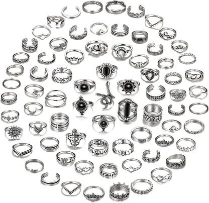 Vintage Silver Punk Chain Rings Set for Men Women Girls, Cool Goth Rings, Adjustable Chunky Chain Finger Rings, Stackable Gothic Knuckle Rings, Snake Butterfly Eboy Emo Y2K Open Ring Pack C-75pcs