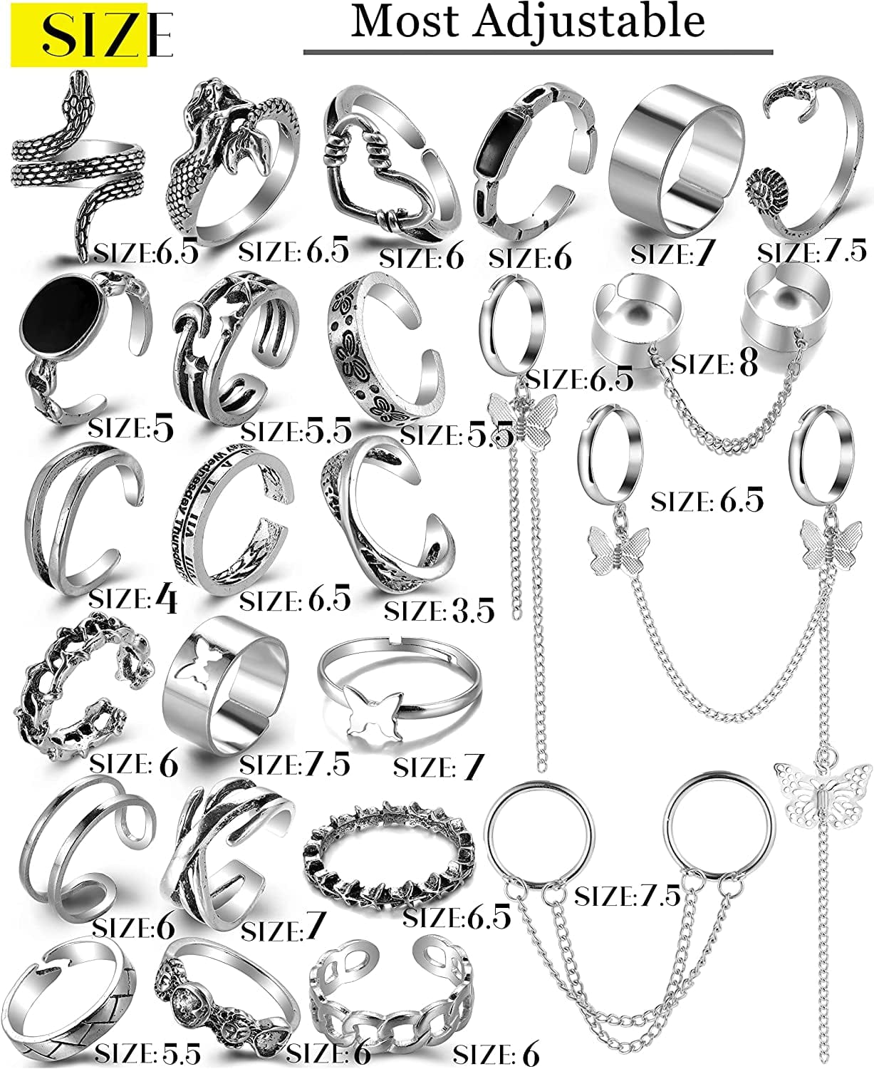 Vintage Silver Punk Chain Rings Set for Men Women Girls, Cool Goth Rings, Adjustable Chunky Chain Finger Rings, Stackable Gothic Knuckle Rings, Snake Butterfly Eboy Emo Y2K Open Ring Pack