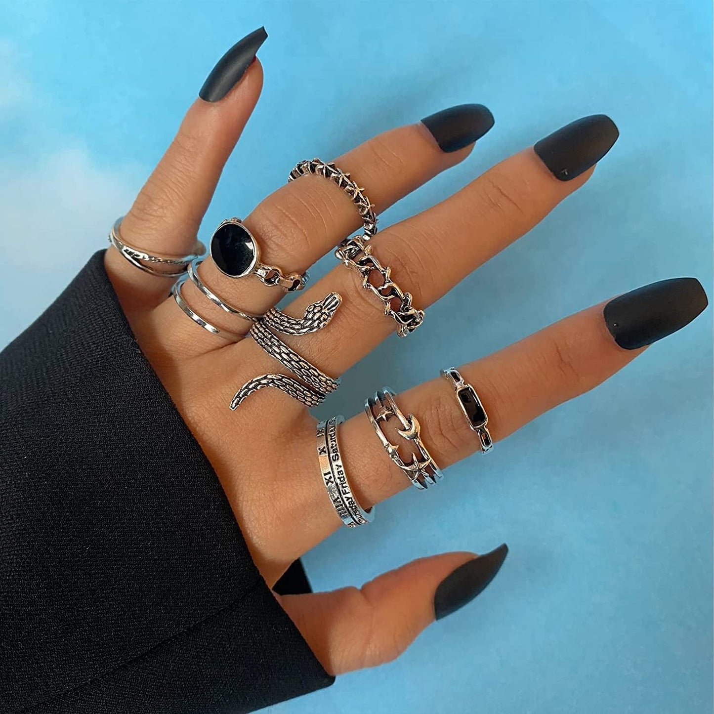 Vintage Silver Punk Chain Rings Set for Men Women Girls, Cool Goth Rings, Adjustable Chunky Chain Finger Rings, Stackable Gothic Knuckle Rings, Snake Butterfly Eboy Emo Y2K Open Ring Pack