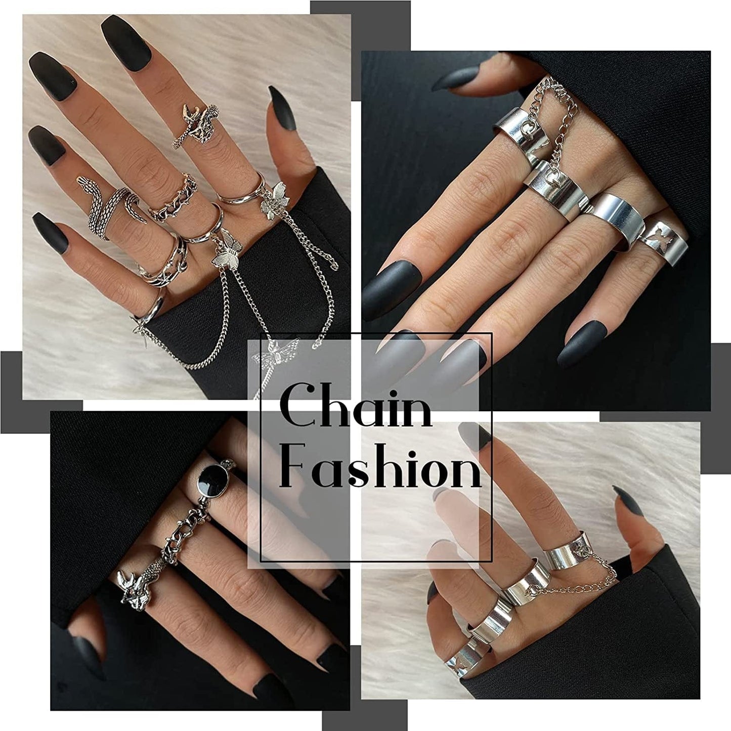 Vintage Silver Punk Chain Rings Set for Men Women Girls, Cool Goth Rings, Adjustable Chunky Chain Finger Rings, Stackable Gothic Knuckle Rings, Snake Butterfly Eboy Emo Y2K Open Ring Pack