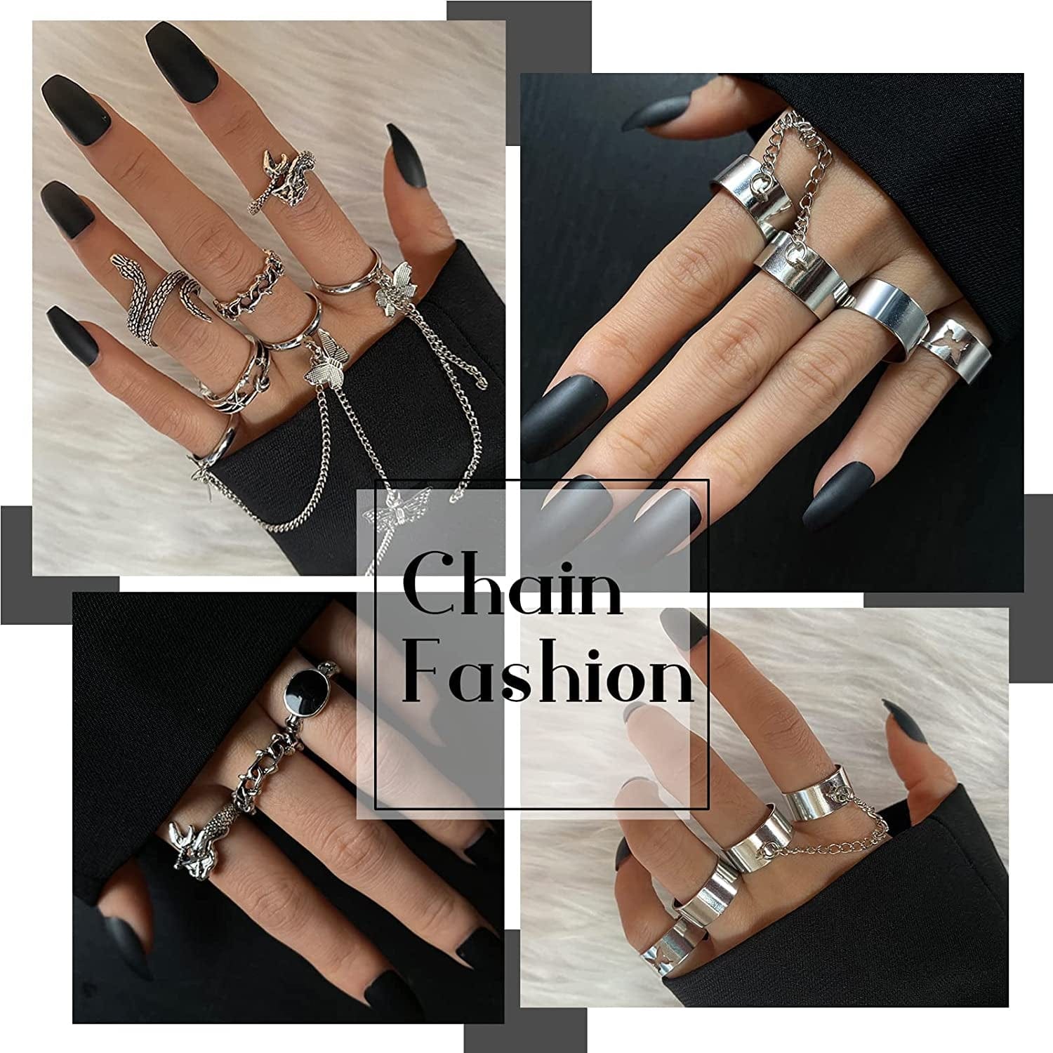Vintage Silver Punk Chain Rings Set for Men Women Girls, Cool Goth Rings, Adjustable Chunky Chain Finger Rings, Stackable Gothic Knuckle Rings, Snake Butterfly Eboy Emo Y2K Open Ring Pack