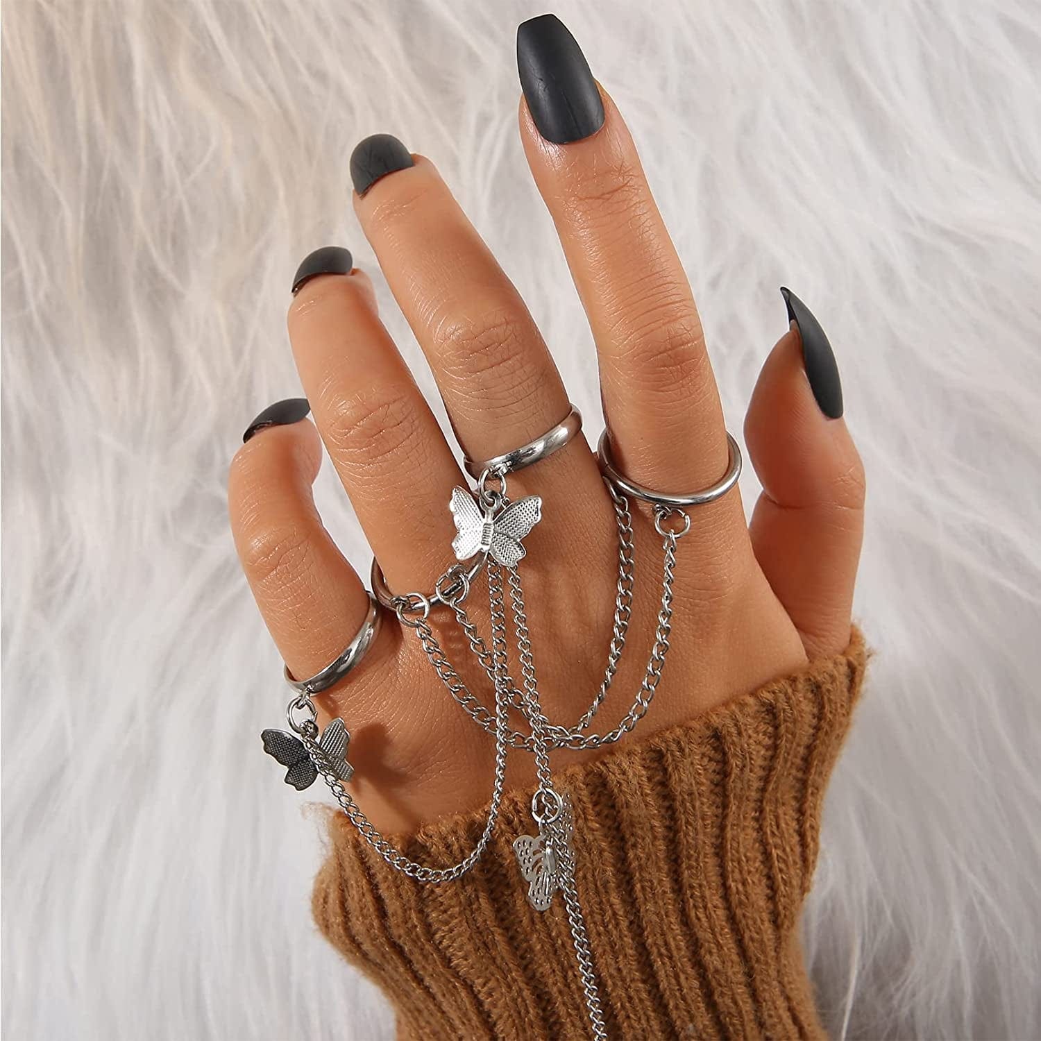 Vintage Silver Punk Chain Rings Set for Men Women Girls, Cool Goth Rings, Adjustable Chunky Chain Finger Rings, Stackable Gothic Knuckle Rings, Snake Butterfly Eboy Emo Y2K Open Ring Pack