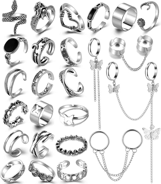 Vintage Silver Punk Chain Rings Set for Men Women Girls, Cool Goth Rings, Adjustable Chunky Chain Finger Rings, Stackable Gothic Knuckle Rings, Snake Butterfly Eboy Emo Y2K Open Ring Pack A-silver chain rings