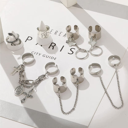 Vintage Silver Punk Rings for Men Women Girls, Cool Goth Ring Set, Eboy Gothic Ring, Open Chunky Knuckle Emo Rings, Boho Stackable Y2K Ace Butterfly Skull Heart Flower Rings Pack Chain Rings