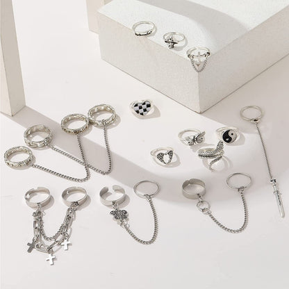 Vintage Silver Punk Rings for Men Women Girls, Cool Goth Ring Set, Eboy Gothic Ring, Open Chunky Knuckle Emo Rings, Boho Stackable Y2K Ace Butterfly Skull Heart Flower Rings Pack Chain Rings