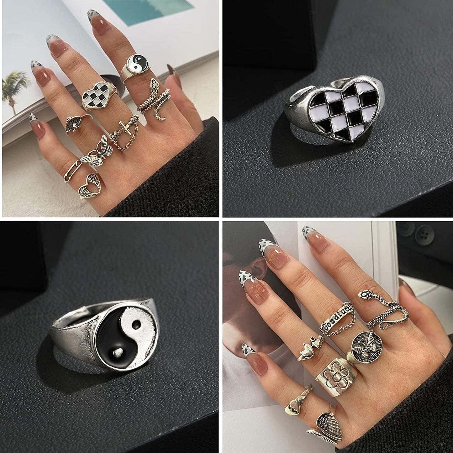 Vintage Silver Punk Rings for Men Women Girls, Cool Goth Ring Set, Eboy Gothic Ring, Open Chunky Knuckle Emo Rings, Boho Stackable Y2K Ace Butterfly Skull Heart Flower Rings Pack Chain Rings