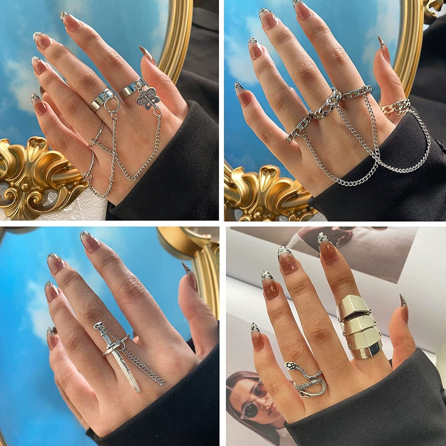 Vintage Silver Punk Rings for Men Women Girls, Cool Goth Ring Set, Eboy Gothic Ring, Open Chunky Knuckle Emo Rings, Boho Stackable Y2K Ace Butterfly Skull Heart Flower Rings Pack Chain Rings