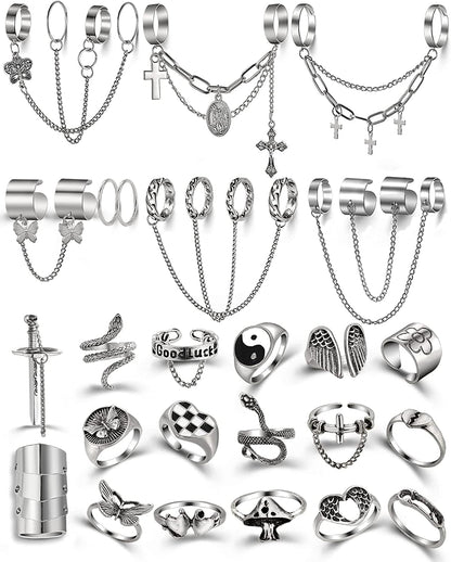 Vintage Silver Punk Rings for Men Women Girls, Cool Goth Ring Set, Eboy Gothic Ring, Open Chunky Knuckle Emo Rings, Boho Stackable Y2K Ace Butterfly Skull Heart Flower Rings Pack Chain Rings