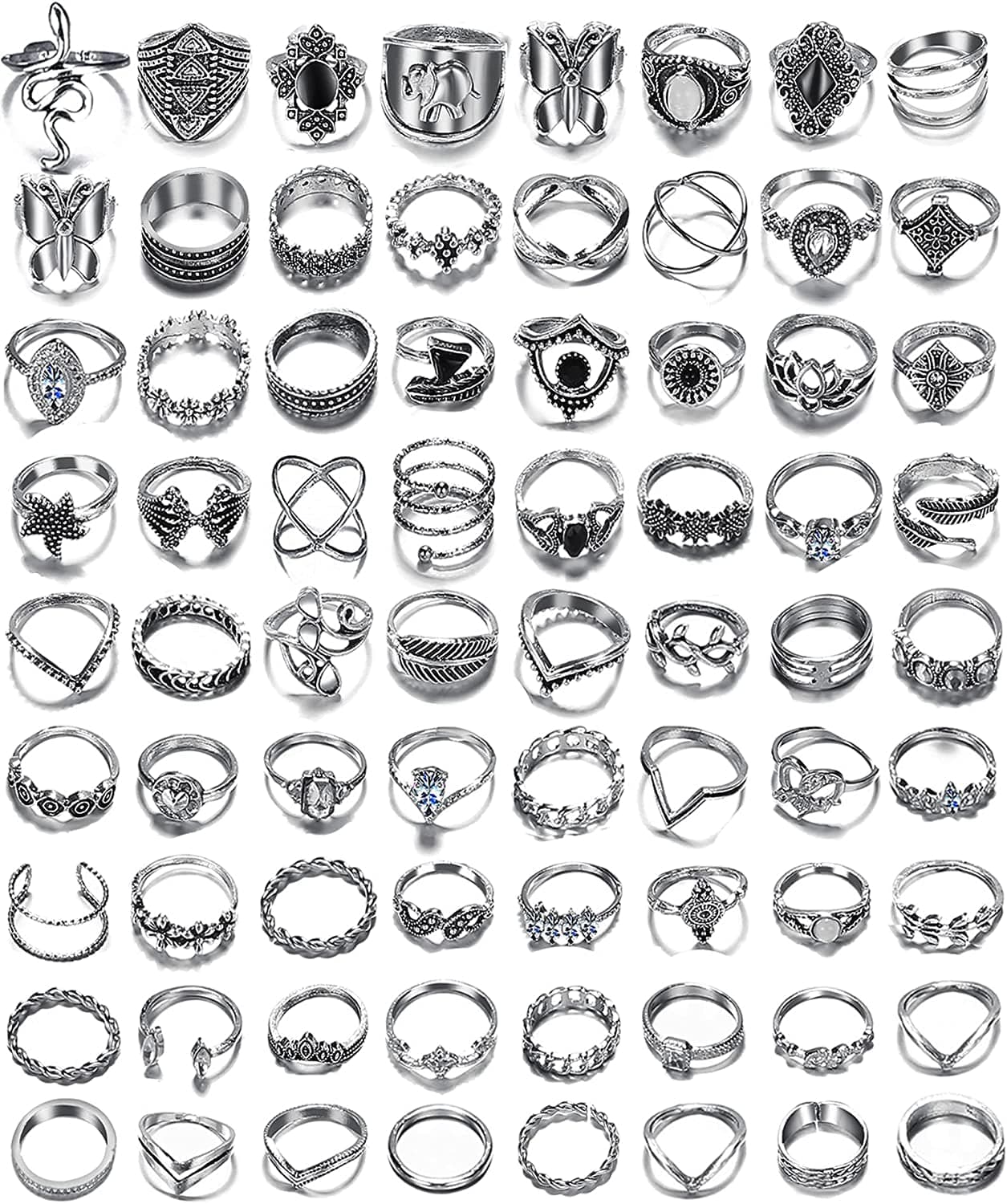 Vintage Silver Punk Rings for Women Girls, Stackable Hippie Rings, Snake Butterfly Heart Open Y2K Rings, Cool Gothic Emo Ring Pack for Gift silver-78 pcs