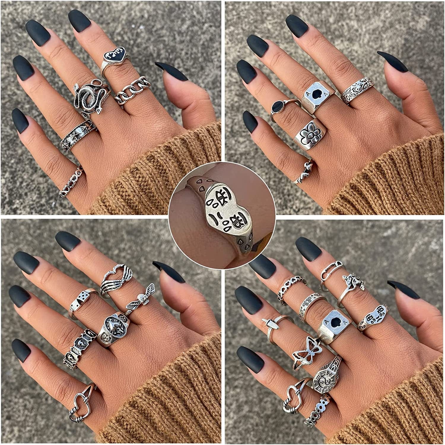 Vintage Silver Punk Rings for Women Girls, Stackable Hippie Rings, Snake Butterfly Heart Open Y2K Rings, Cool Gothic Emo Ring Pack for Gift