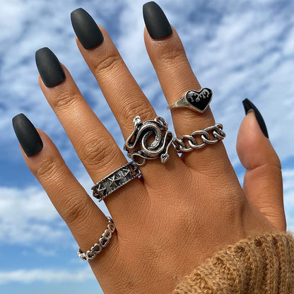 Vintage Silver Punk Rings for Women Girls, Stackable Hippie Rings, Snake Butterfly Heart Open Y2K Rings, Cool Gothic Emo Ring Pack for Gift