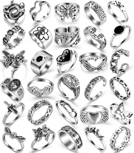 Vintage Silver Punk Rings for Women Girls, Stackable Hippie Rings, Snake Butterfly Heart Open Y2K Rings, Cool Gothic Emo Ring Pack for Gift silver-30 Pcs