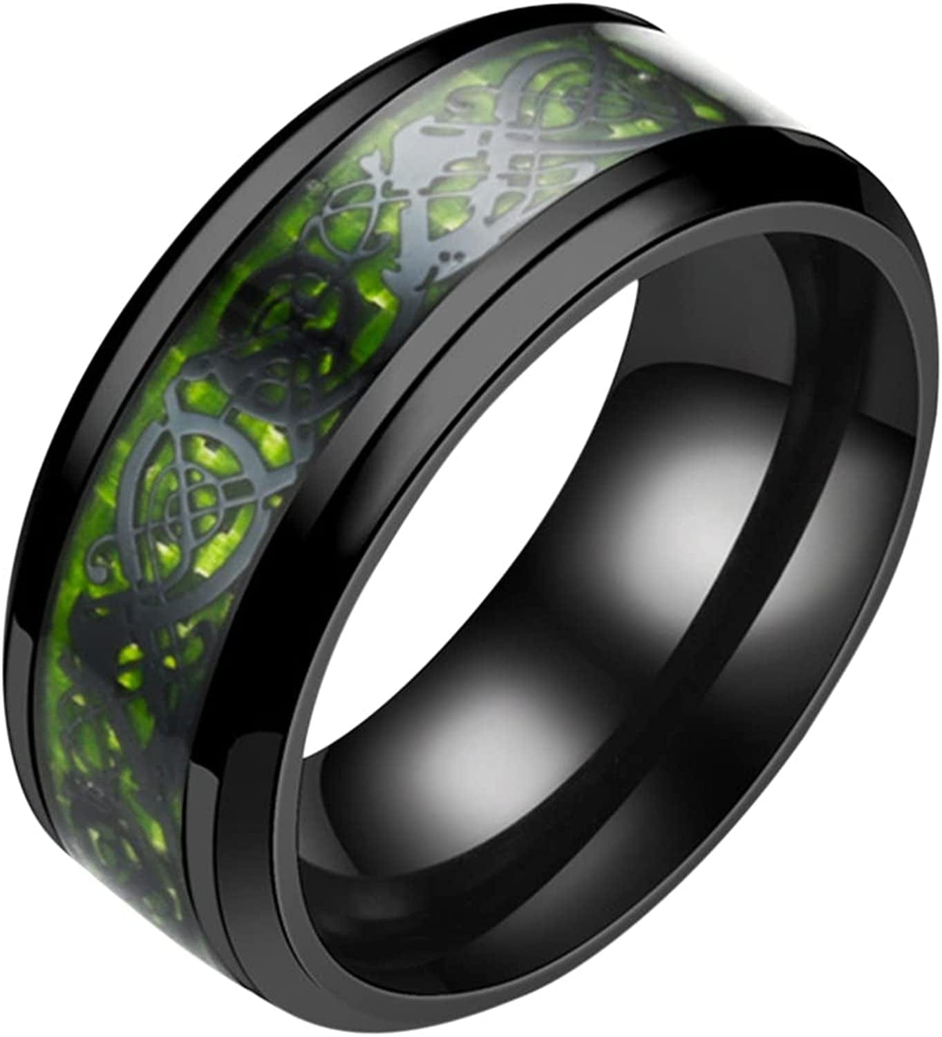 Vintage Stainless Steel Rings Band for Men Celtic- Dragon Beveled Edges Celtic-Fingering Women Rings Wedding Band Ring , Size 6-12 Green / 9
