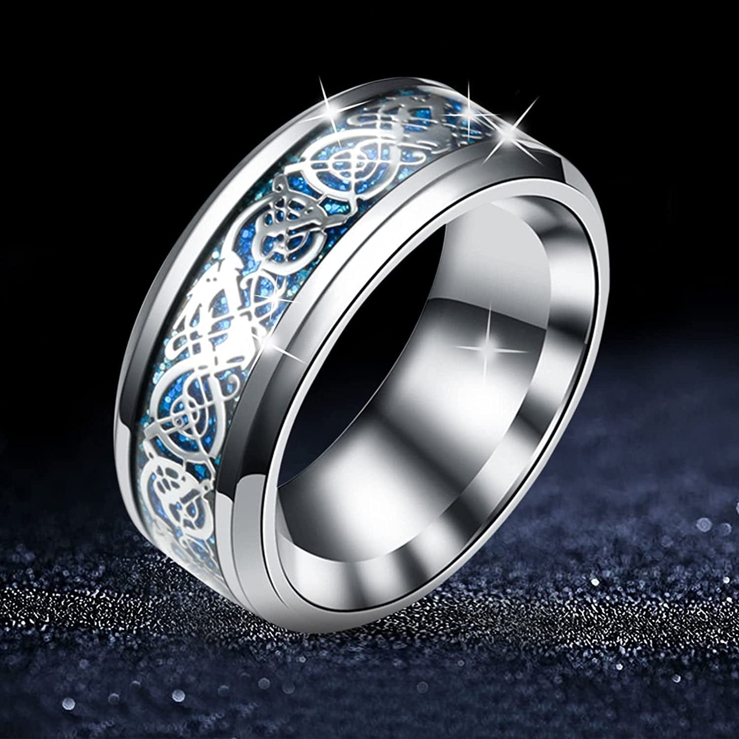 Vintage Stainless Steel Rings Band for Men Celtic- Dragon Beveled Edges Celtic-Fingering Women Rings Wedding Band Ring , Size 6-12