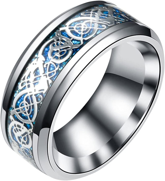 Vintage Stainless Steel Rings Band for Men Celtic- Dragon Beveled Edges Celtic-Fingering Women Rings Wedding Band Ring , Size 6-12 Blue / 10
