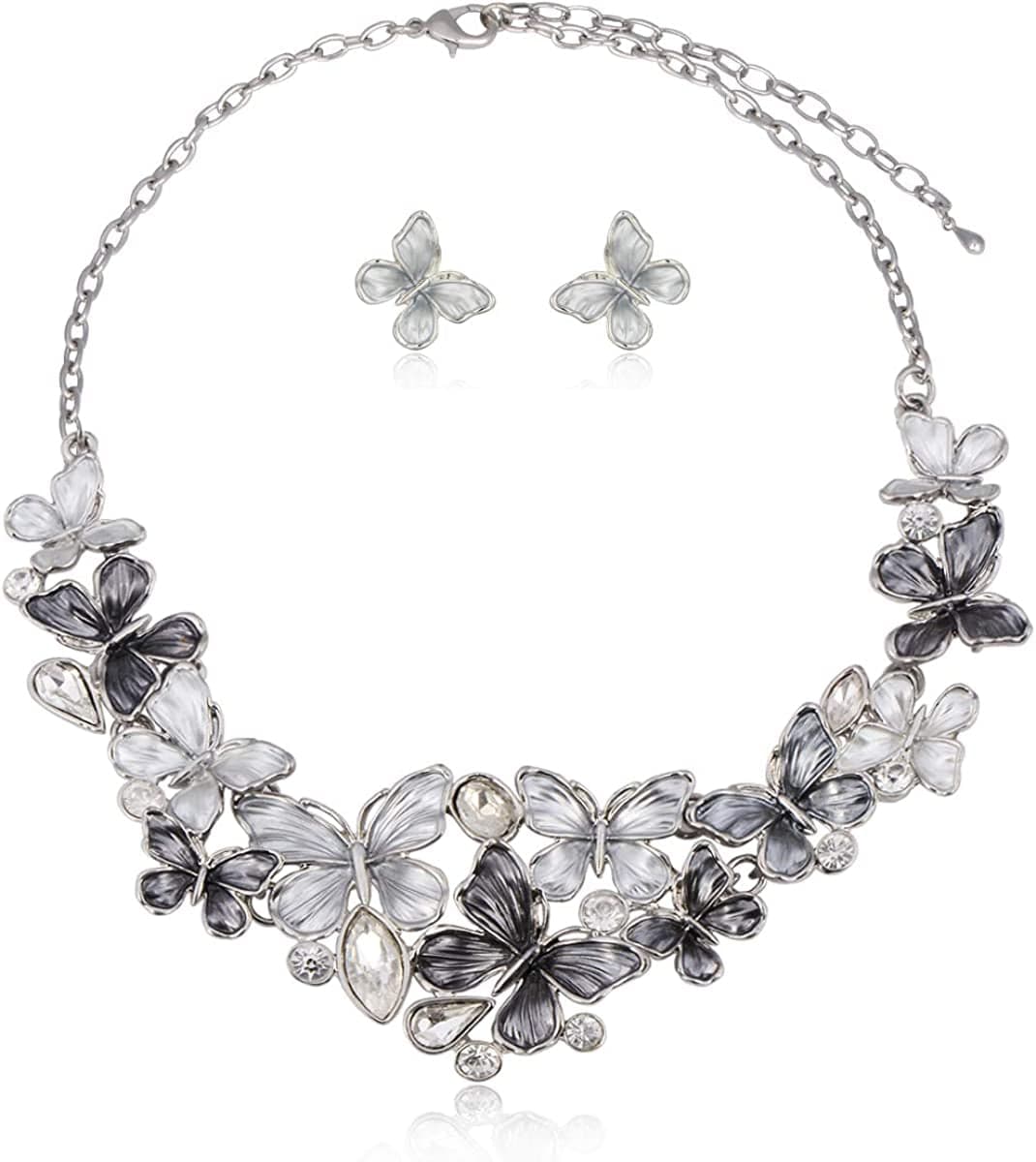 Vintage Statement Jewelry Set - Spring Leaf Flower Floral Plant Necklace Earring Set Crystal Rhinestone Fashion Costume Jewelry for Women Prom Party Unique Gift Butterfly Jewelry Set Grey