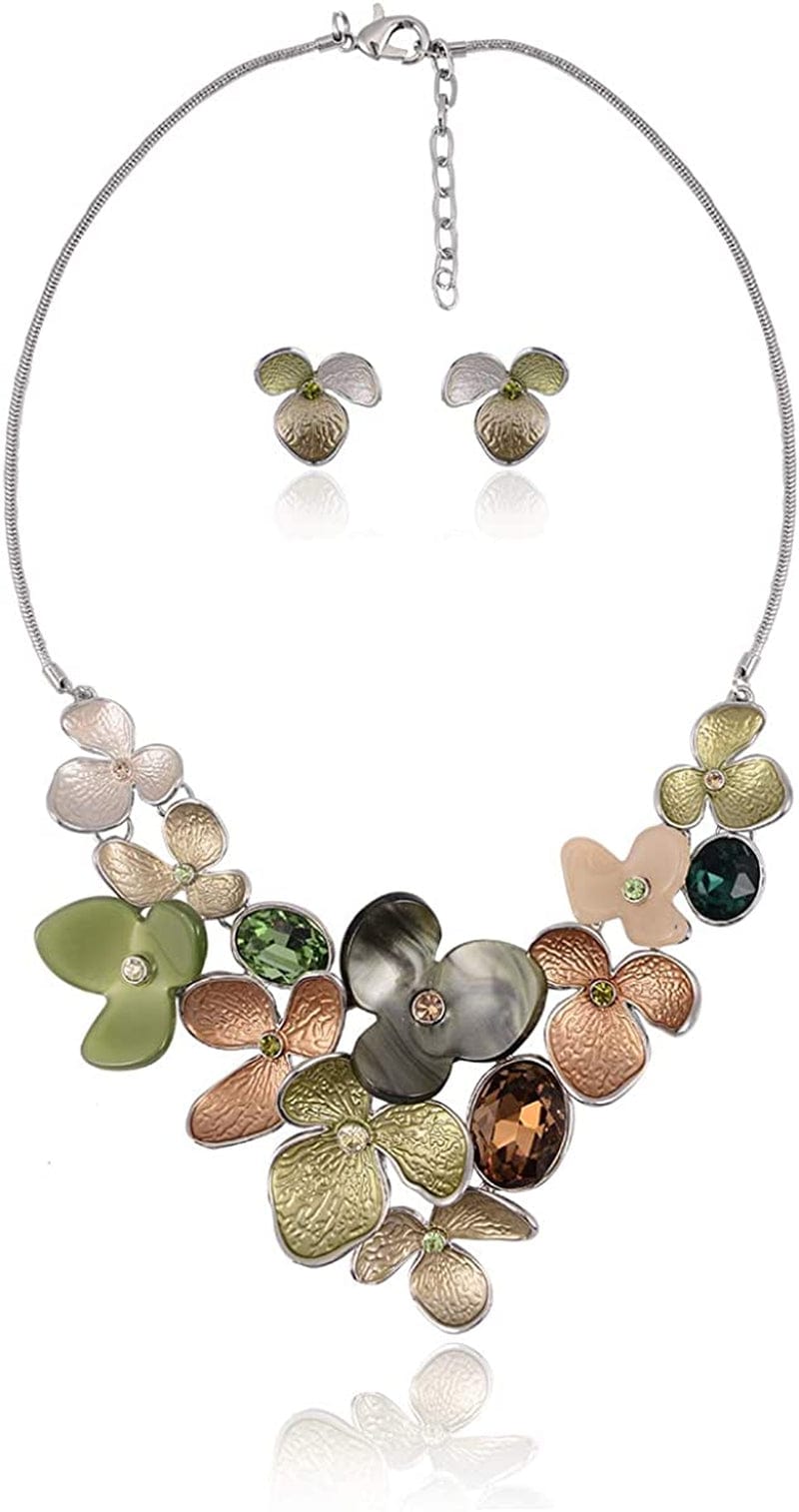 Vintage Statement Jewelry Set - Spring Leaf Flower Floral Plant Necklace Earring Set Crystal Rhinestone Fashion Costume Jewelry for Women Prom Party Unique Gift meilian flower jewelry set green