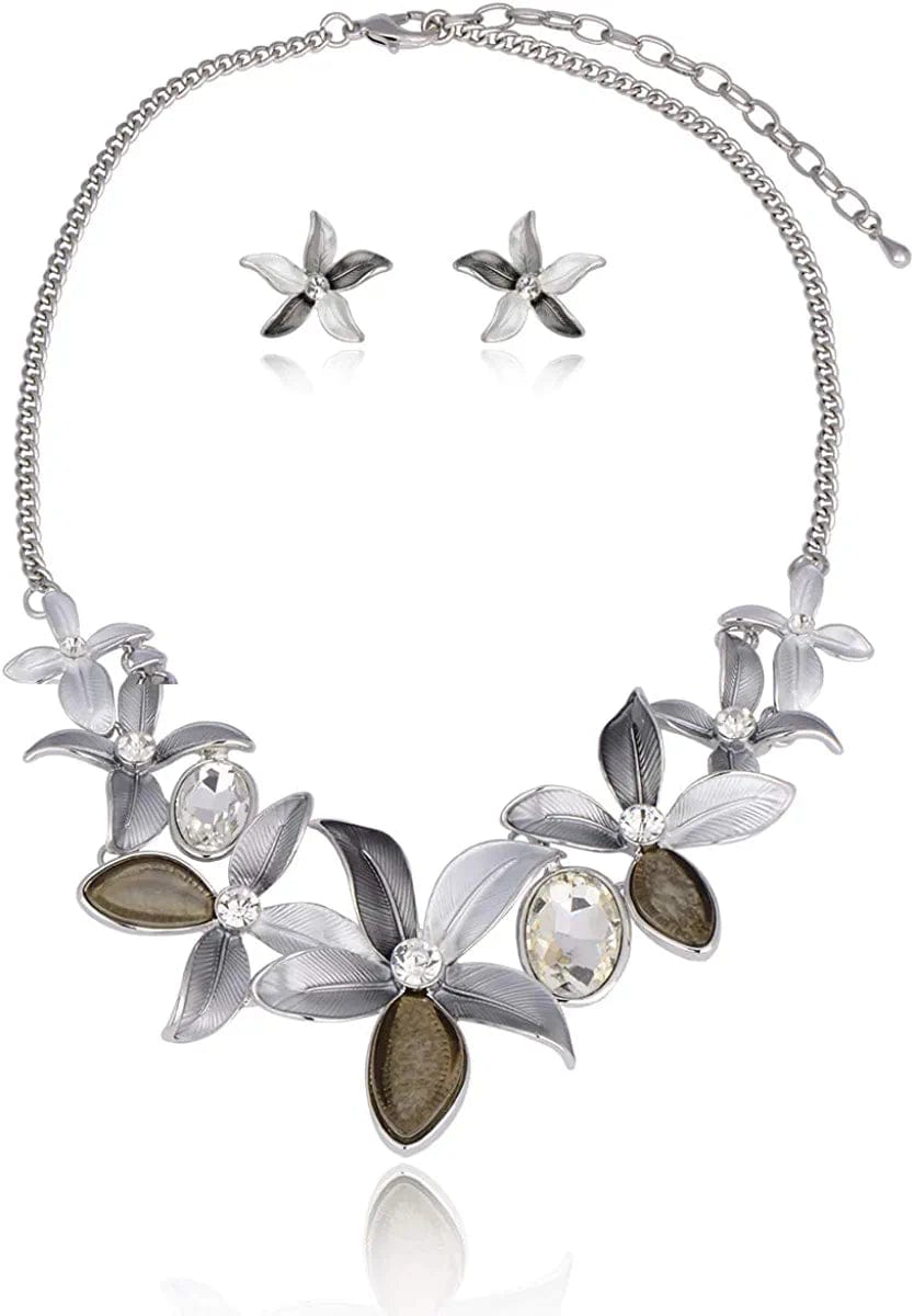 Vintage Statement Jewelry Set - Spring Leaf Flower Floral Plant Necklace Earring Set Crystal Rhinestone Fashion Costume Jewelry for Women Prom Party Unique Gift Flower Jewelry Set Grey