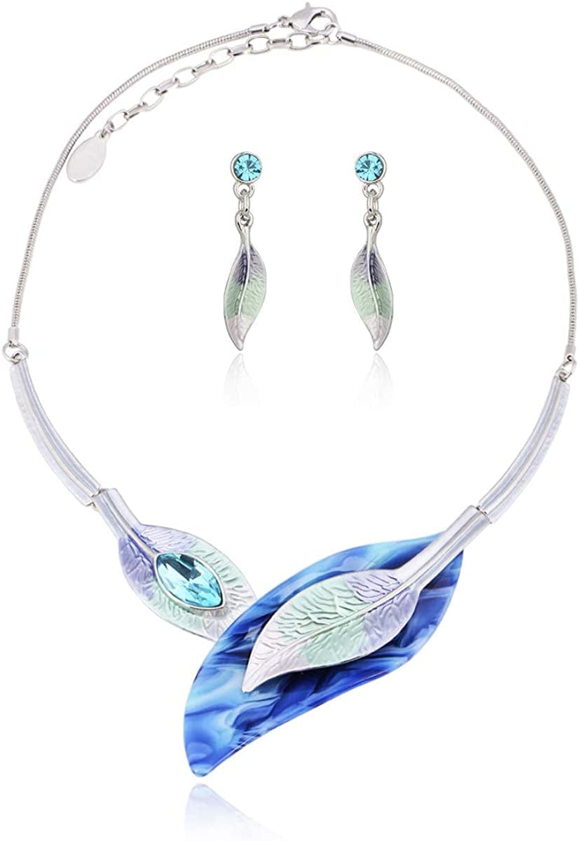 Vintage Statement Jewelry Set - Spring Leaf Flower Floral Plant Necklace Earring Set Crystal Rhinestone Fashion Costume Jewelry for Women Prom Party Unique Gift 2 Leaves Jewelry Set Blue