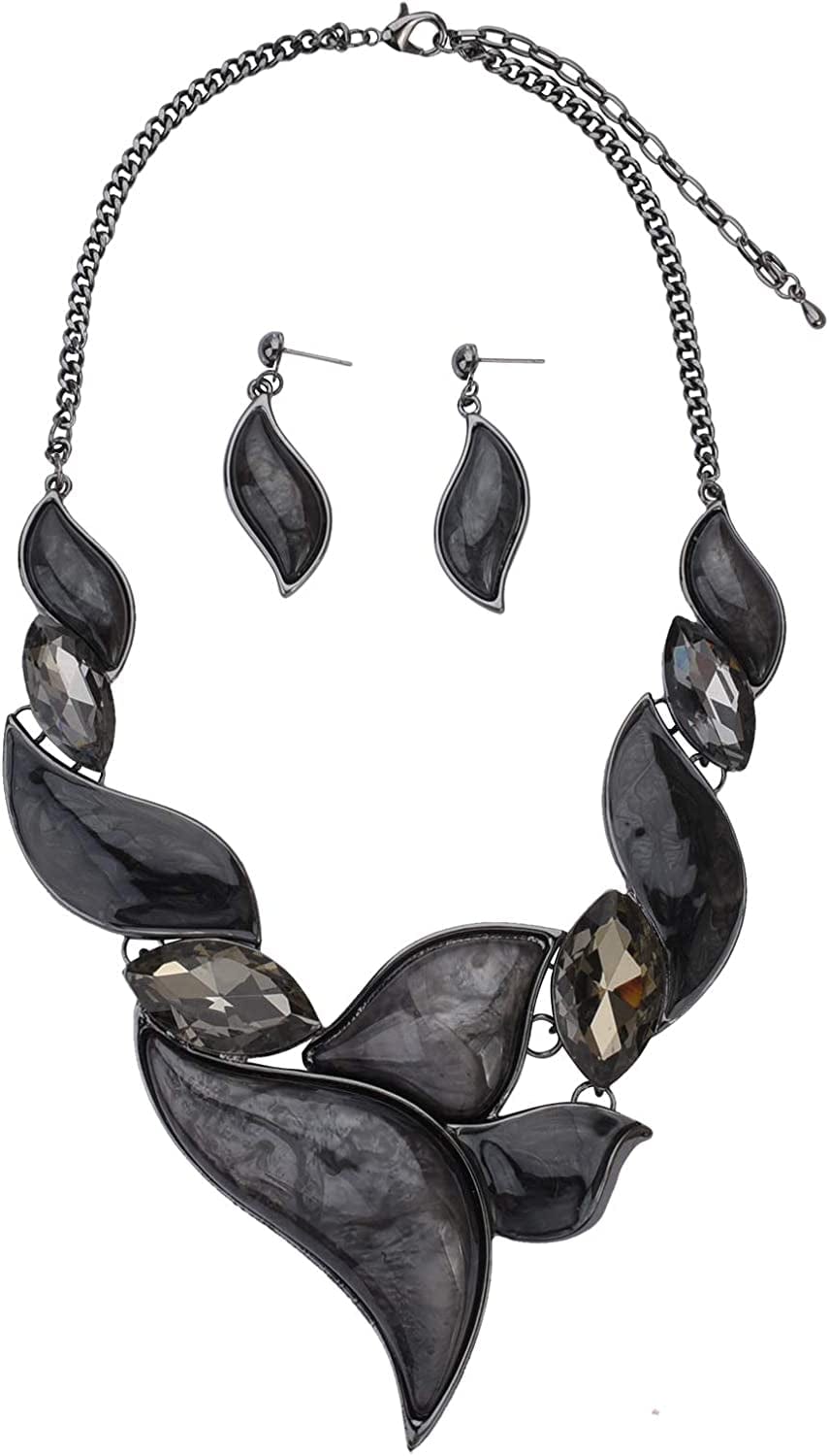 Vintage Statement Necklace and Earrings Set Flower Leaf Pendants Bib Necklaces Fashion Chunky Jewelry for Women Bride Grey Thick Leaf